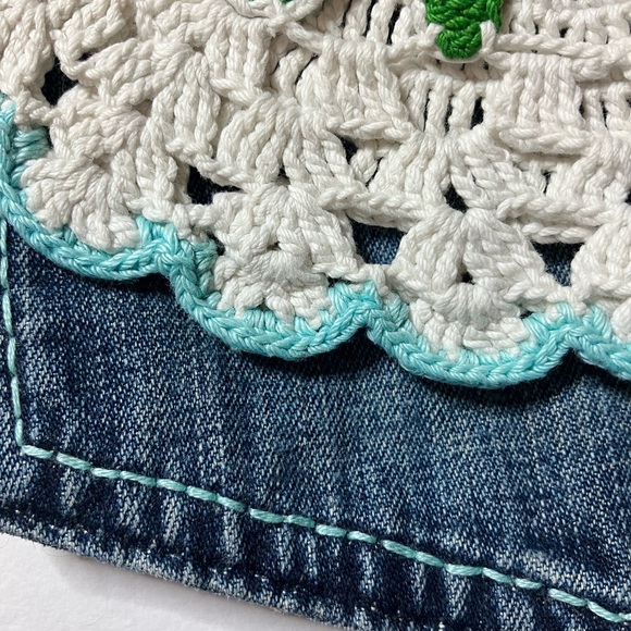Women’s Denim Crossbody Purse, Handmade, Upcycled, Crocheted Flap, Lined - Picture 7 of 9